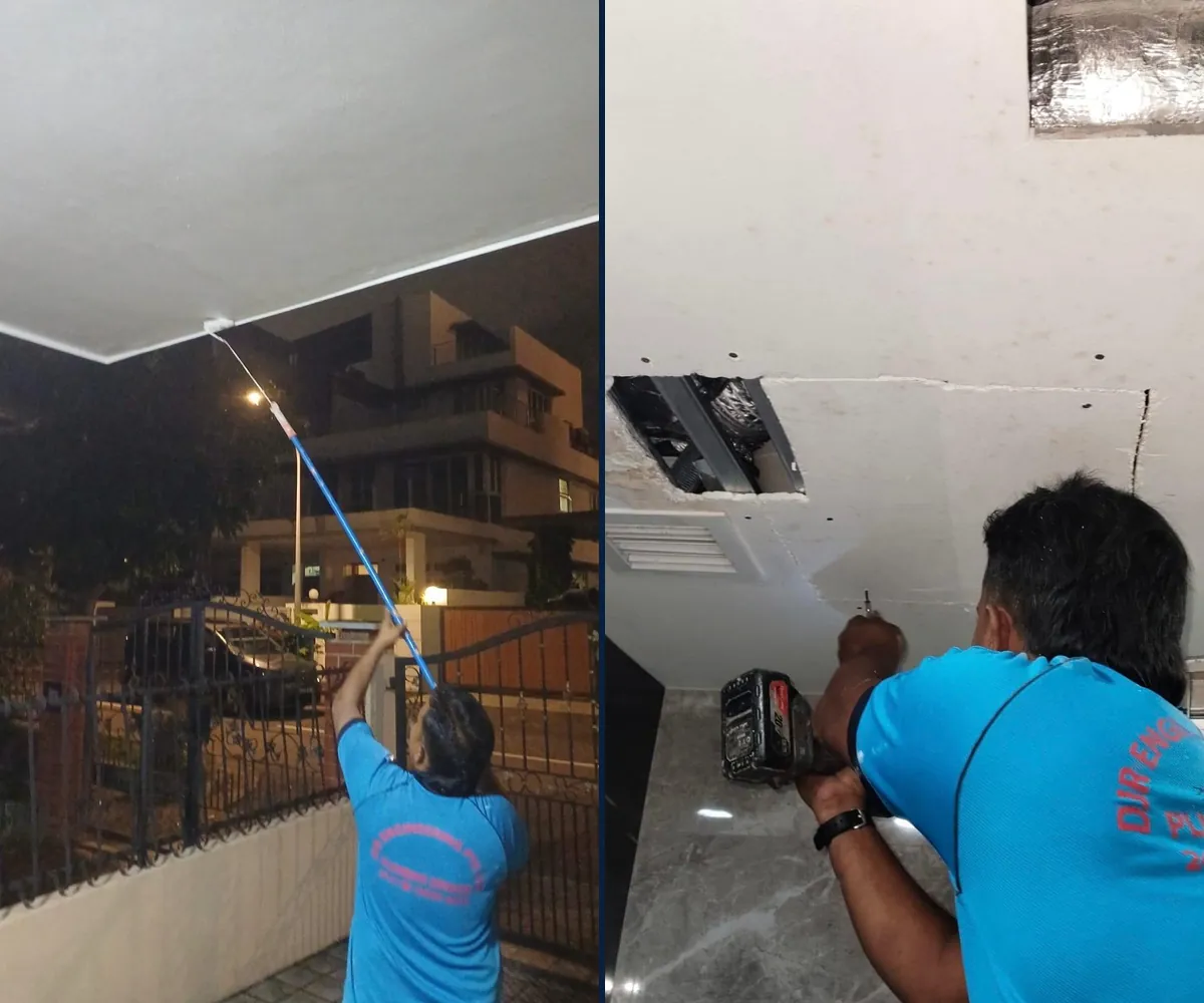 Two shots of a DJR plumber at work: checking a ceiling at night, and opening a ceiling panel to reach a leak