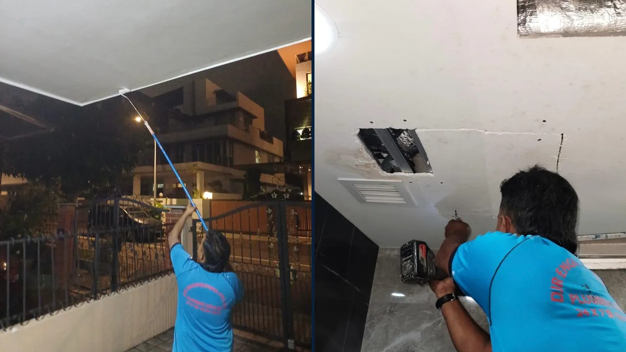 Two shots of a DJR plumber at work: checking a ceiling at night, and opening a ceiling panel to reach a leak