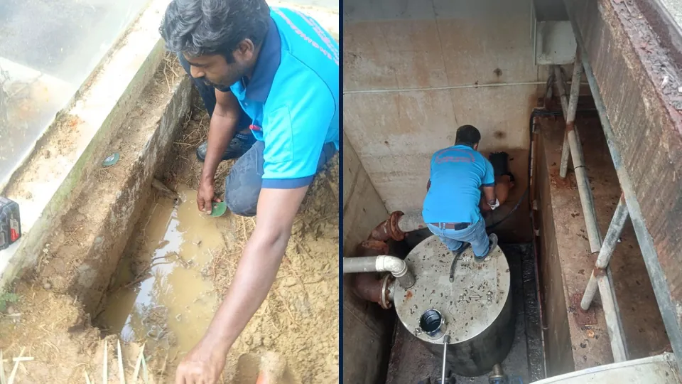 Two shots: a DJR plumber clearing a flooded open drain channel, and another working inside a concrete sump chamber