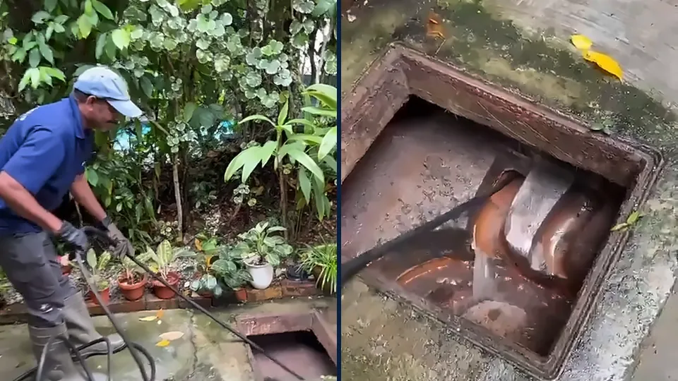 DJR crew member working a high-pressure hose in a garden, and water running through the drain chamber being cleared